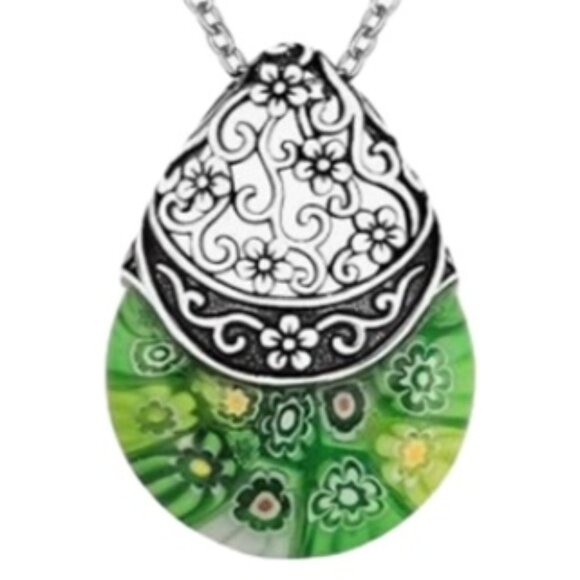 d'vine Products Jewelry - Green Murano Style Glass Pendant Necklace for Women Daisy Flower Stainless Steel